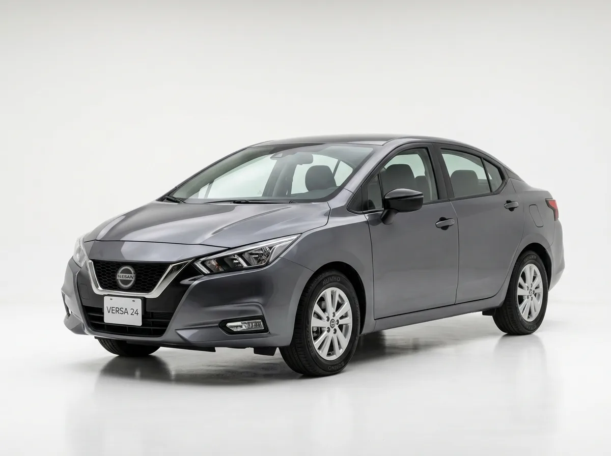 Compact sedan Nissan Versa, dark gray, 3/4 front view, studio white background, budget-friendly family car