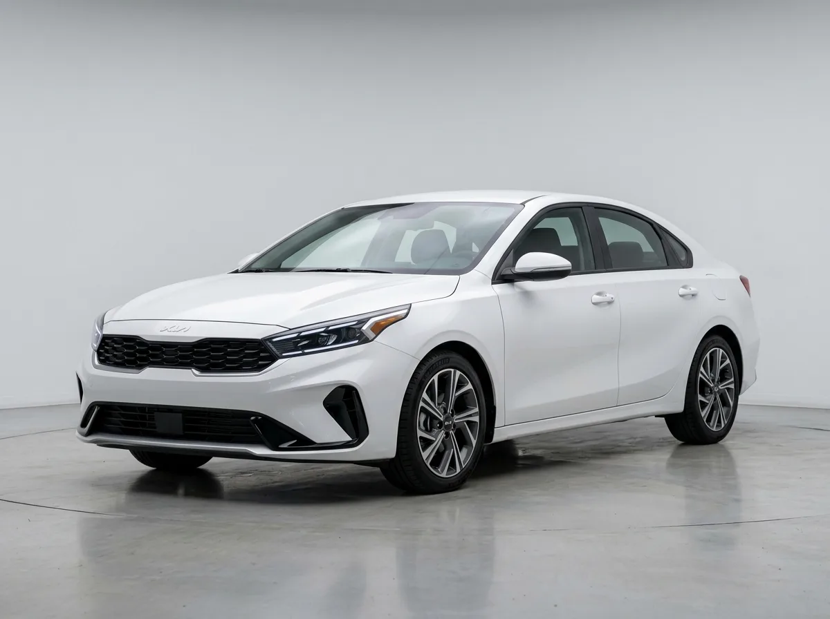 Intermediate sedan Kia K4, white, 3/4 front view, clean studio background, mid-size commuter vehicle