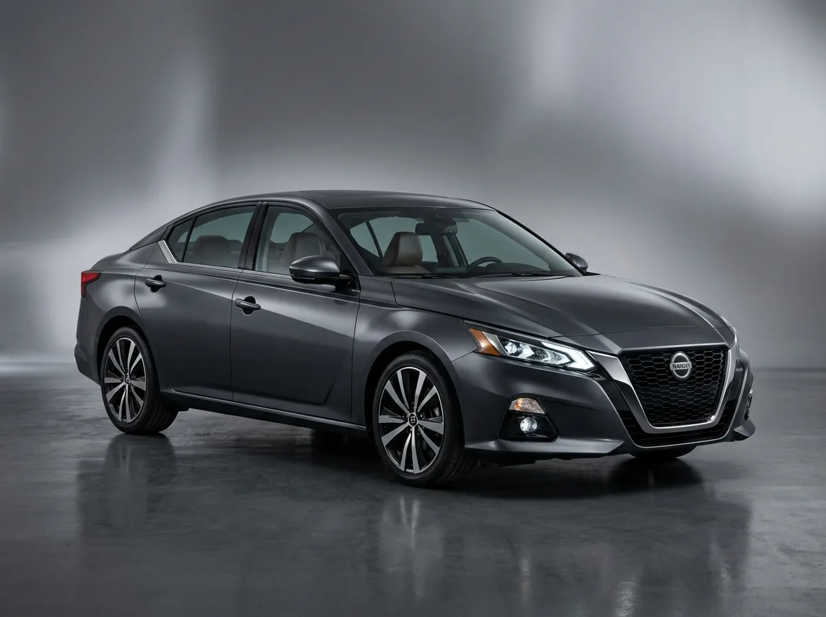 Full-size sedan Nissan Altima, dark charcoal, 3/4 front view, studio background, comfortable highway cruiser