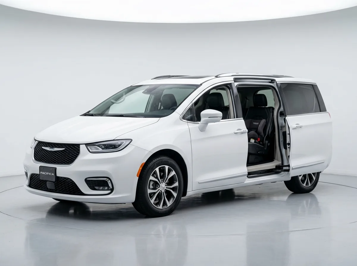 Chrysler Pacifica minivan, white, 3/4 front angle, studio background, family vehicle with sliding doors
