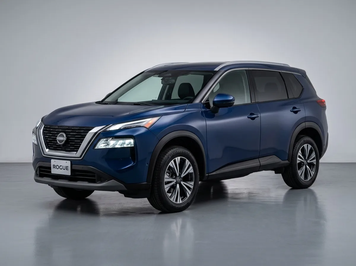 Nissan Rogue compact SUV, dark blue, 3/4 front view, studio background, popular crossover vehicle