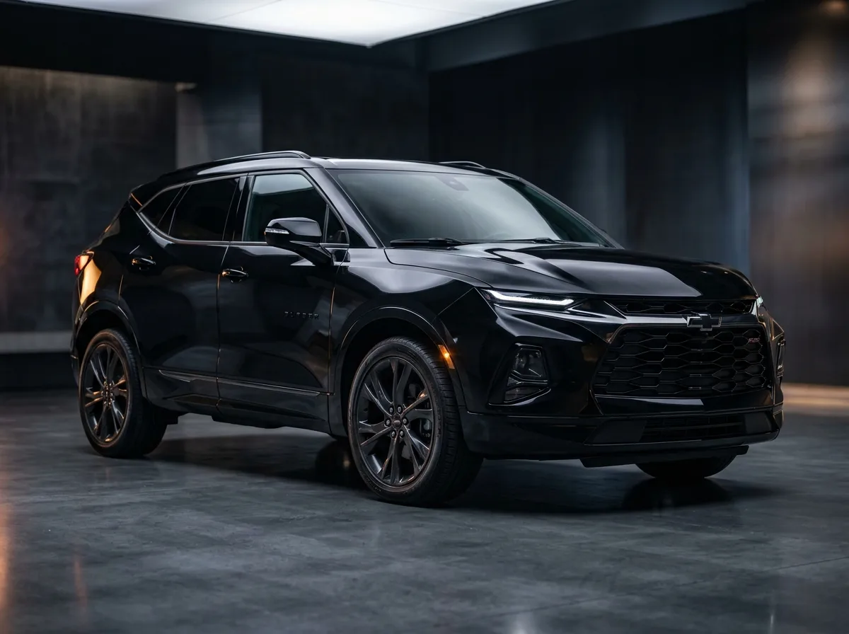 Chevrolet Blazer premium SUV, glossy black, 3/4 front view, dramatic studio lighting, upscale sporty crossover