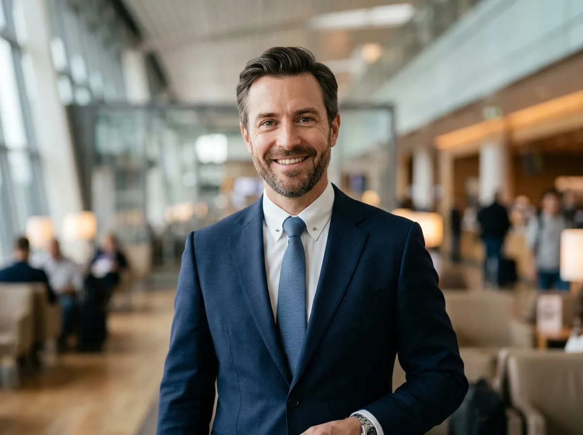 Portrait of a professional man, early 40s, smiling, neutral background, business traveler headshot