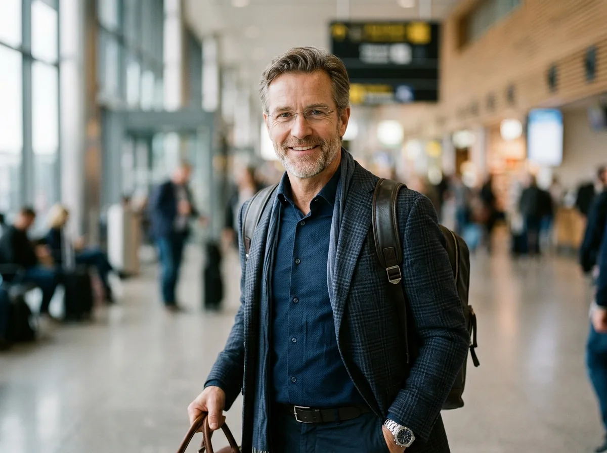 Portrait of a man in his 50s, confident expression, business casual, traveler photo neutral background