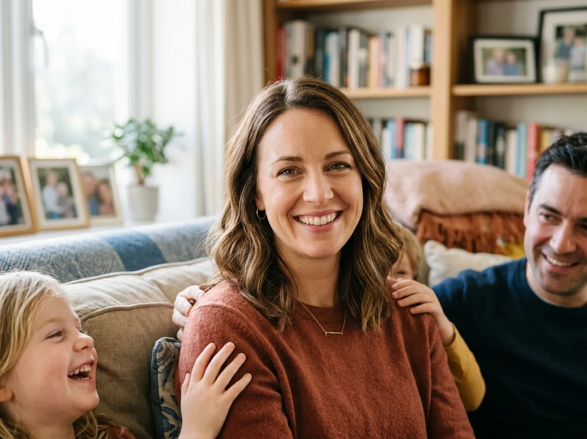 Portrait of a woman in her late 30s, warm smile, family photo setting, soft natural light