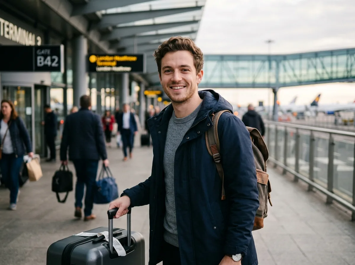 Portrait of a younger man, mid 20s, casual smile, outdoor soft light background, airport traveler